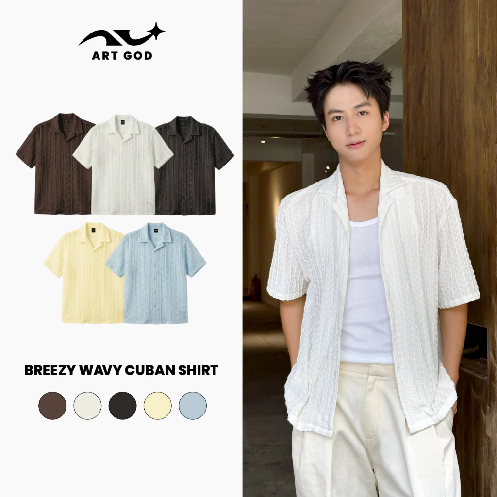 Áo Sơ Mi Cuban Vải Lưới Họa Tiết Dập Nổi Lượn Sóng Thoáng Mát Basic Năng Động Unisex ARTGOD HMA115