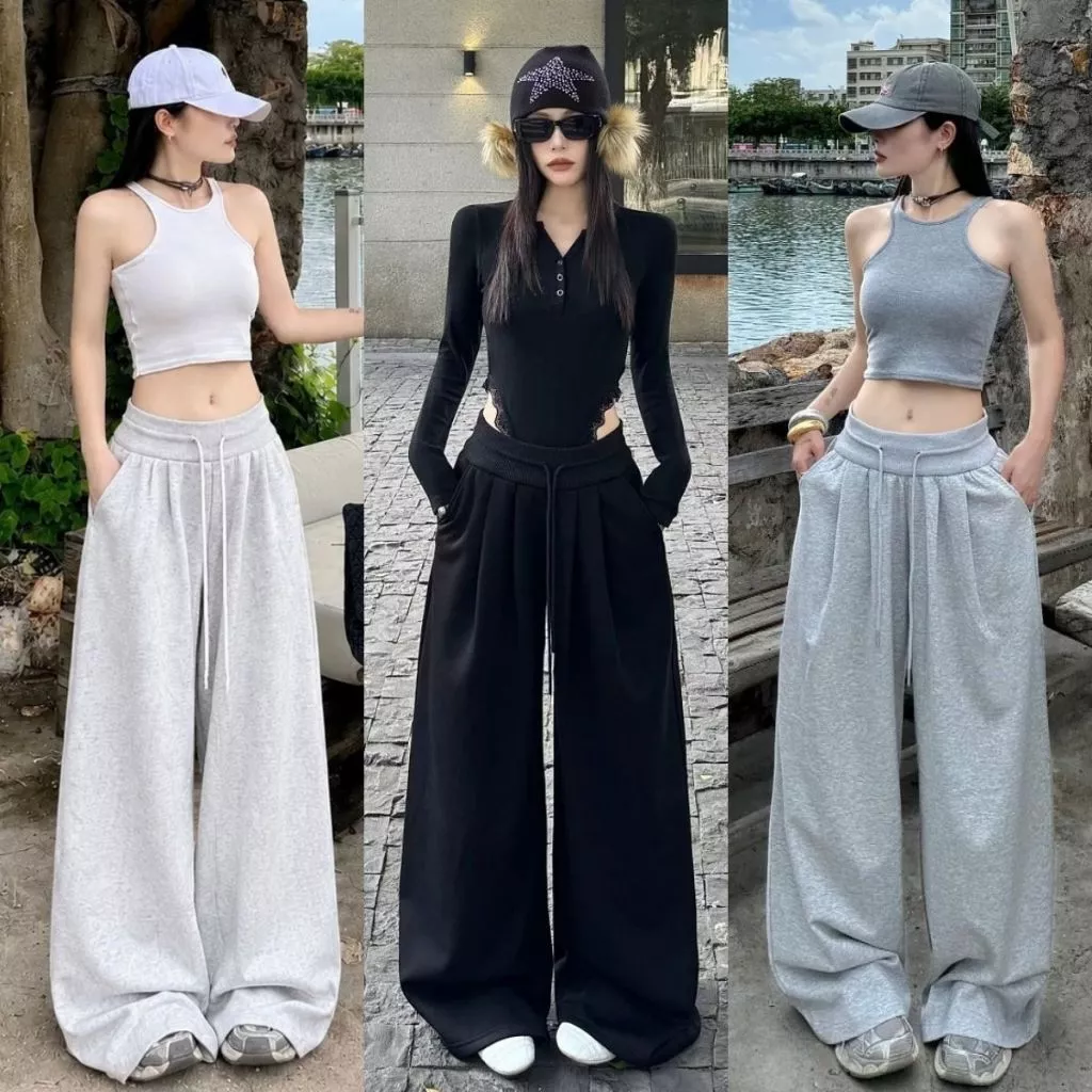 [DEAL MỚI] Quần Nỉ Nữ Suông Ống Rộng Cạp Chun Dây Rút Chất Nỉ 2Da Không Xù Form Nâng Mông Tôn Dáng