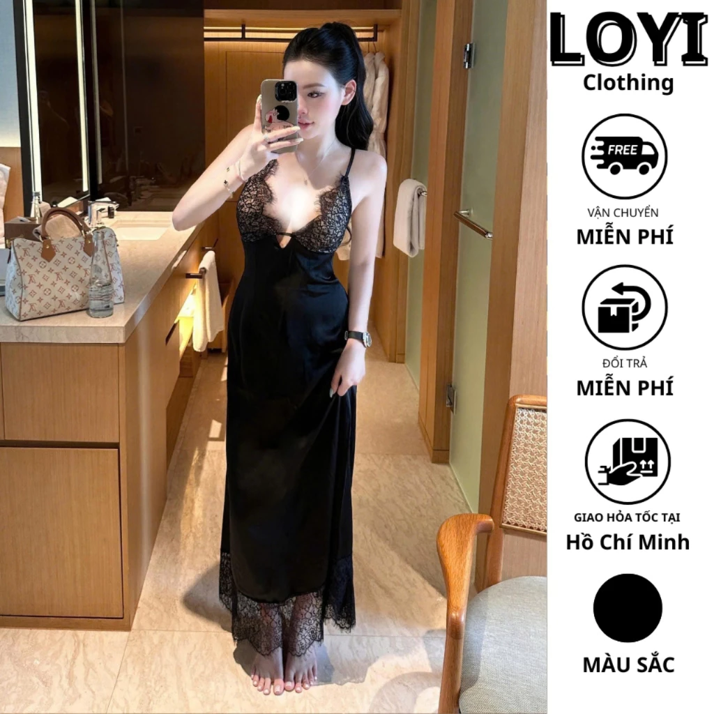 [Hỏa Tốc] Váy Lụa Satin Hai Dây Phối Ren Dáng Dài, Váy Lụa Dài Mặc Nhà, Mặc Đi Chơi Sang Trọng