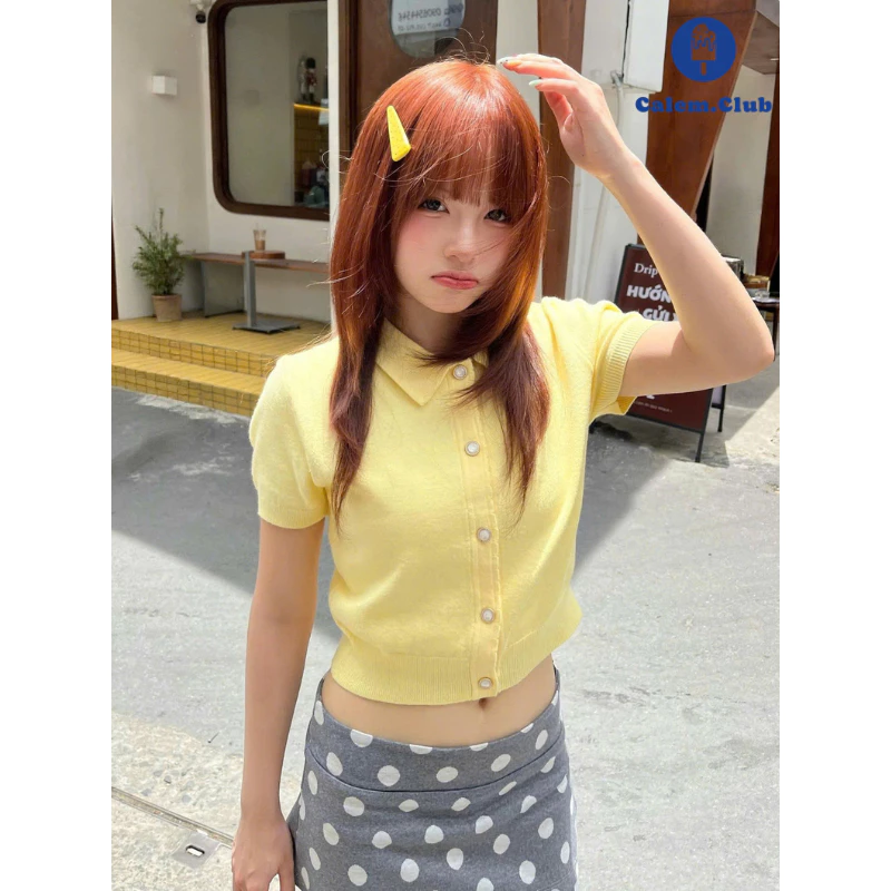 Calem.Club - Áo len Polo tay ngắn Mira Button Knit phối cúc nữ tính
