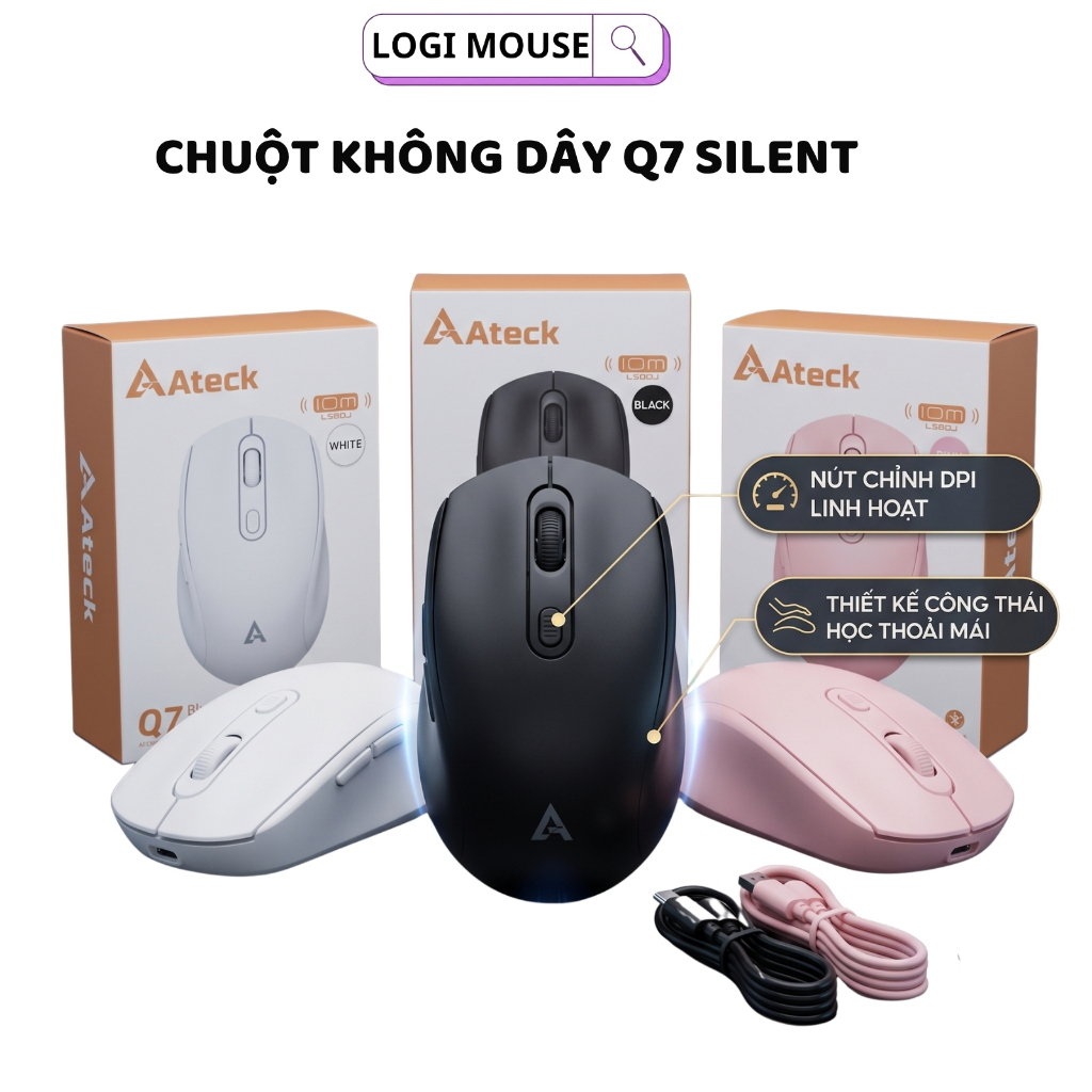 Chuột Không Dây Sạc Pin Ateck Q7 Bluetooth & USB 2.4G – Nút Chỉnh DPI, Thiết…