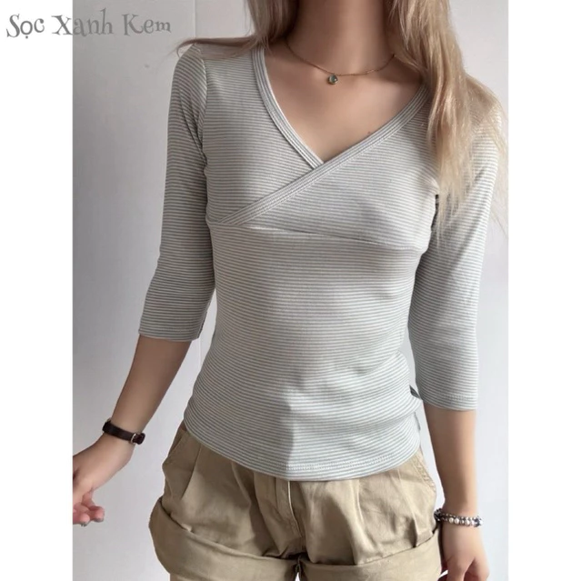 [ASCL] Áo tay lửng cổ chéo thun sọc cotton mềm vintage nhidang123