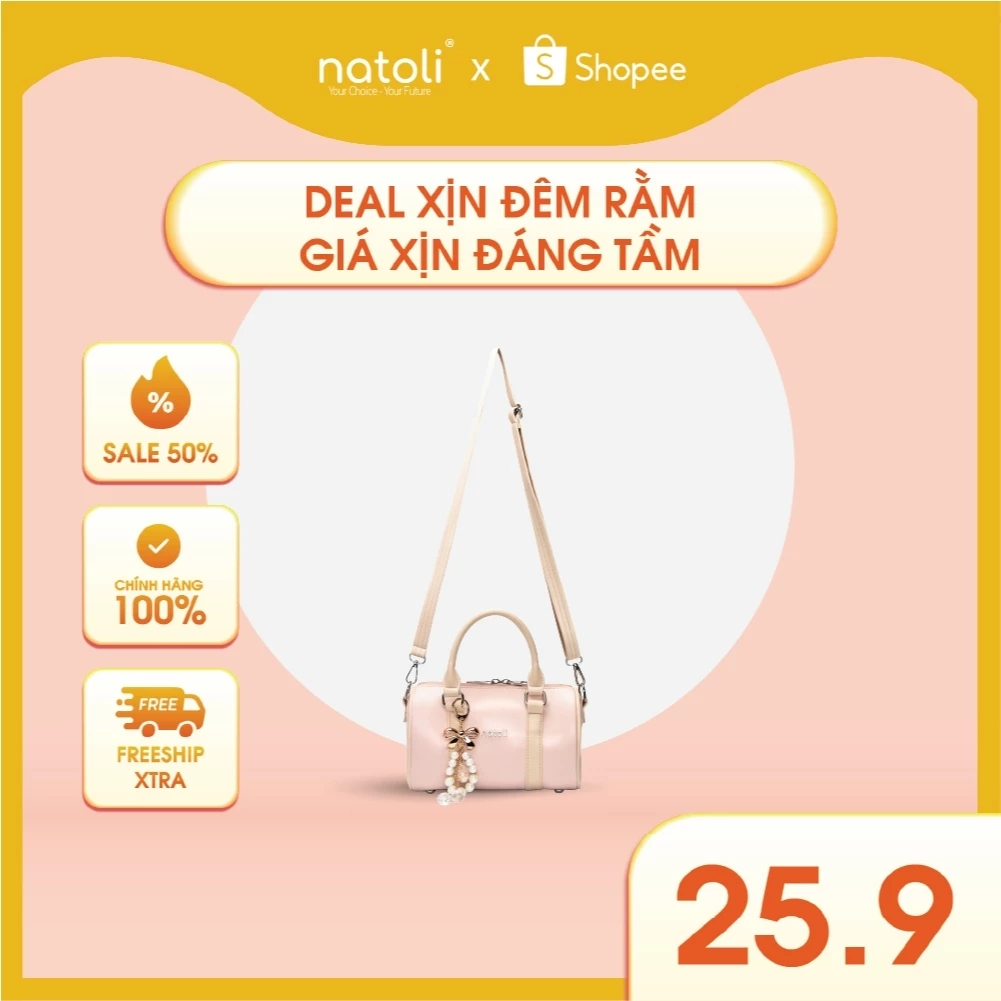 Túi đeo chéo da NATOLI, túi trống mini da chống nước nhiều ngăn thời trang BST Trendy Bowling Bag T37