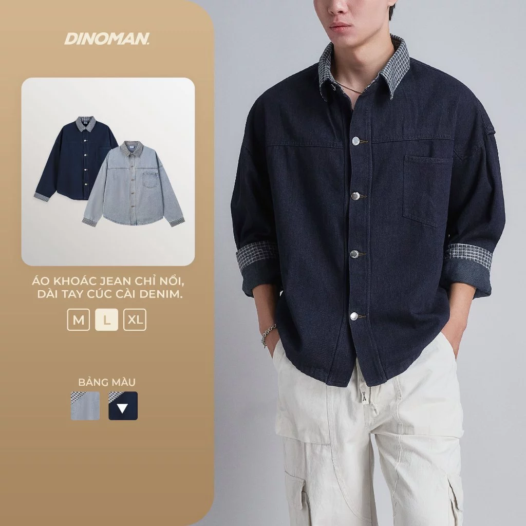 Áo Khoác Jean Cổ Caro DINOMAN Jean Wash Form Rộng Unisex Phong Cách Trẻ Trung Hiện Đại SM029