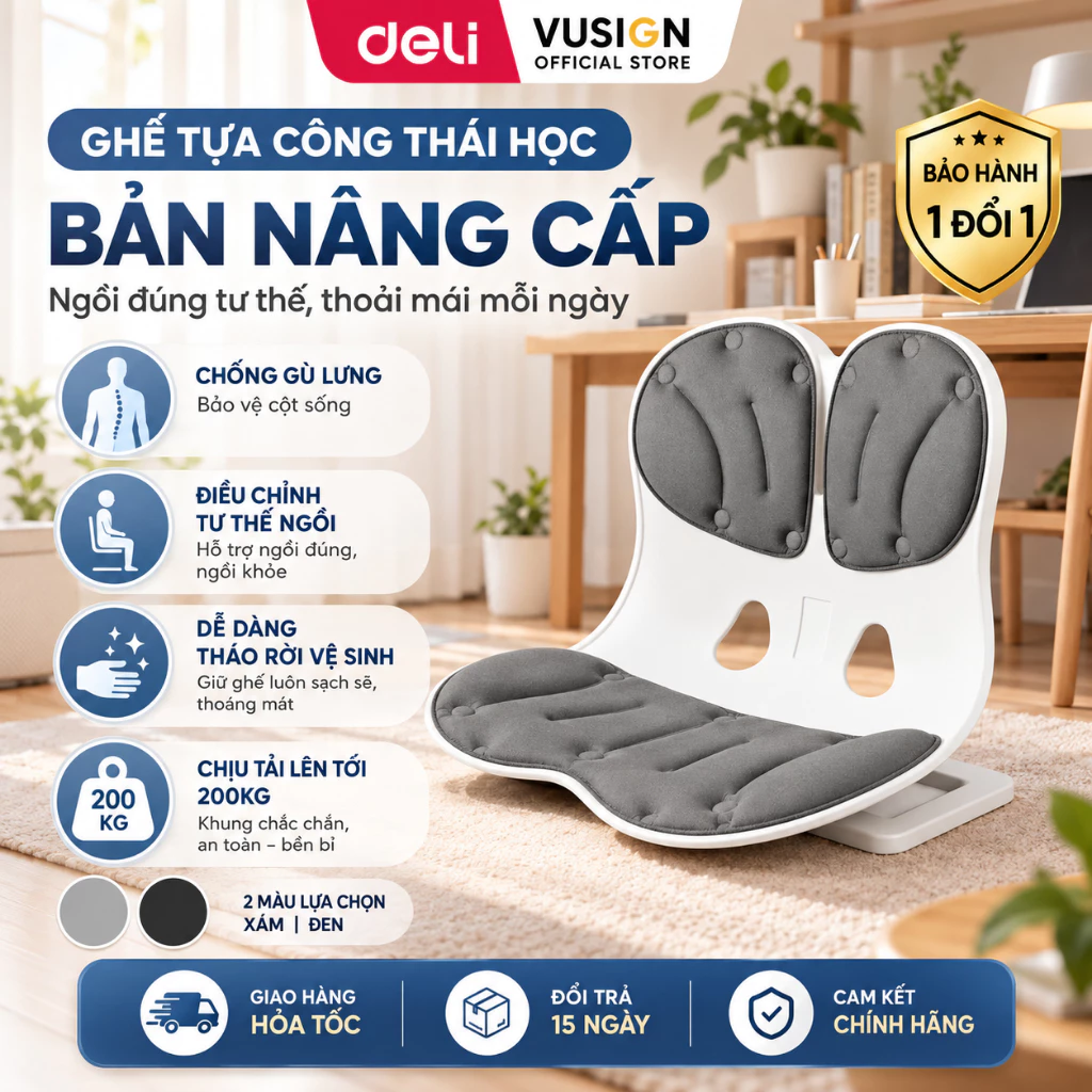 Ghế Bệt Tựa Lưng Công Thái Học Deli Điều Chỉnh Tư Thế Ngồi - Chống Gù Lưng Hiệu Quả, GIảm Đau Mỏi Lưng