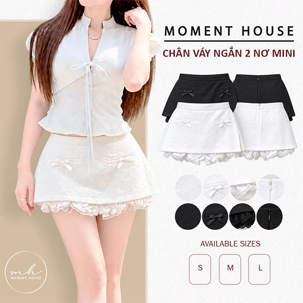 Chân váy ngắn 2 nơ mini , phối kèm quần bí ren bên trong , có khoá kéo chất boi thêu
