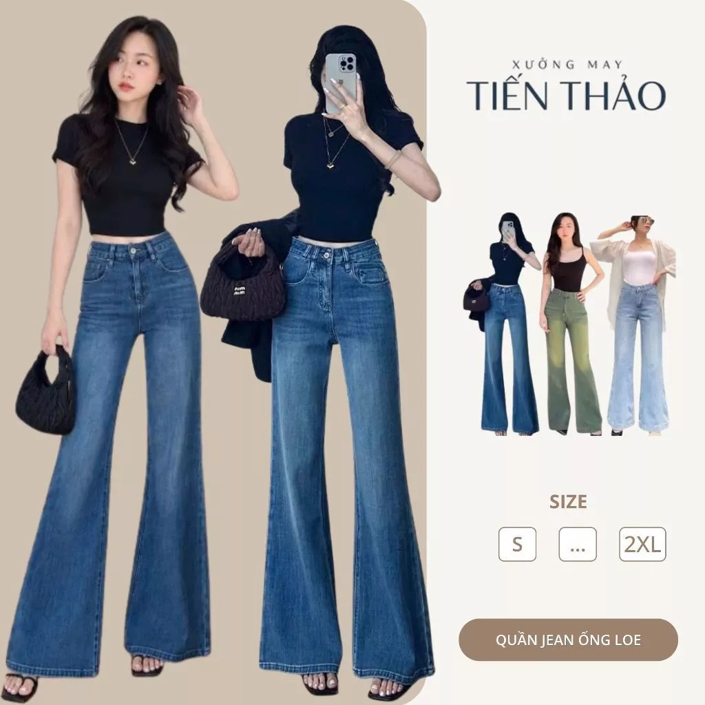 Quần Jeans Nữ Ống Loe Lưng Cao Màu RETRO Chất Dày Dặn Co Giãn Tốt, Quần Bò Loe Cạp Cao Cực Tôn Dáng