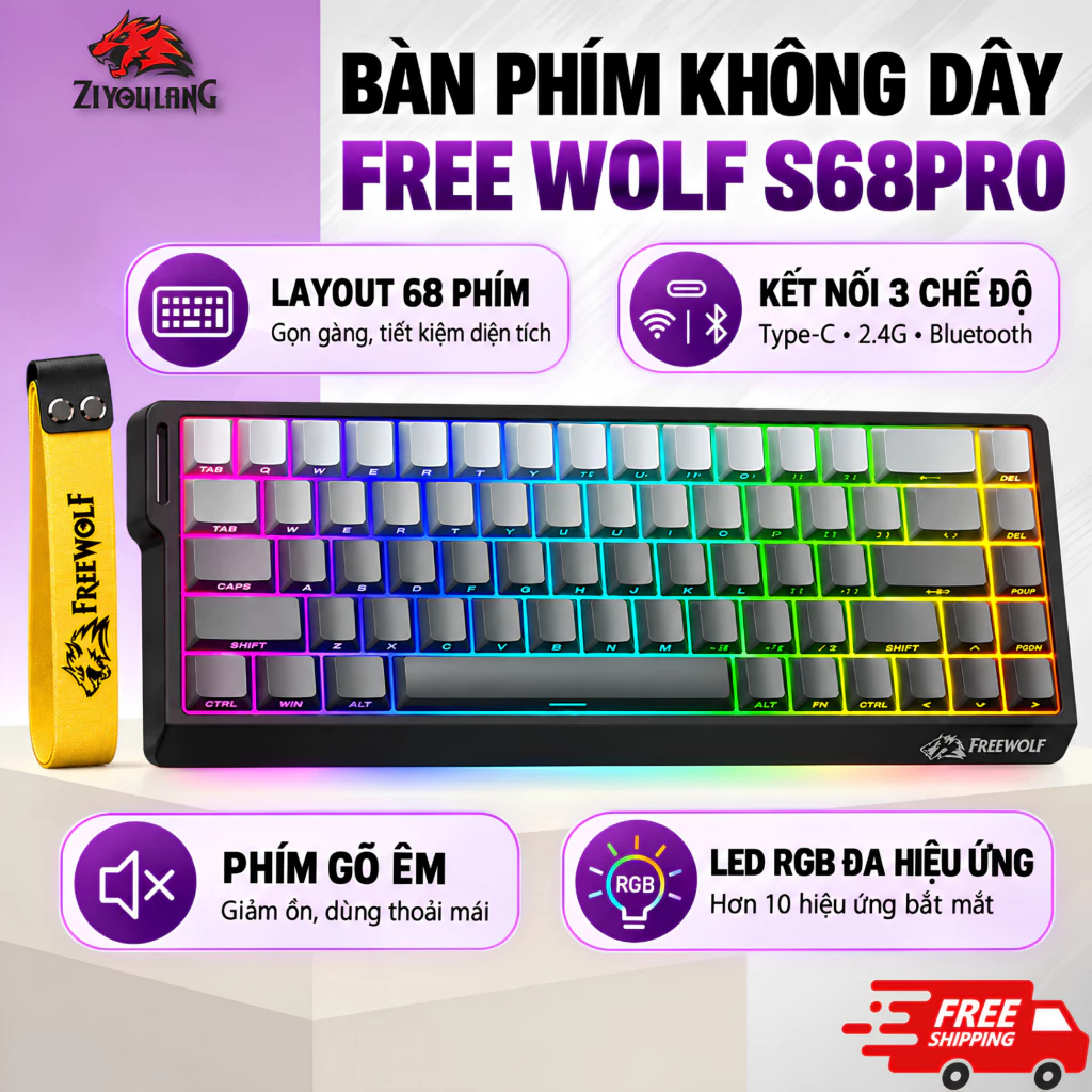 Bàn Phím Gaming Free Wolf S68PRO - Layout 68 Phím Nhỏ Gọn, Kết Nối 3 Mode, LED RGB, Gõ Êm Giảm Ồn