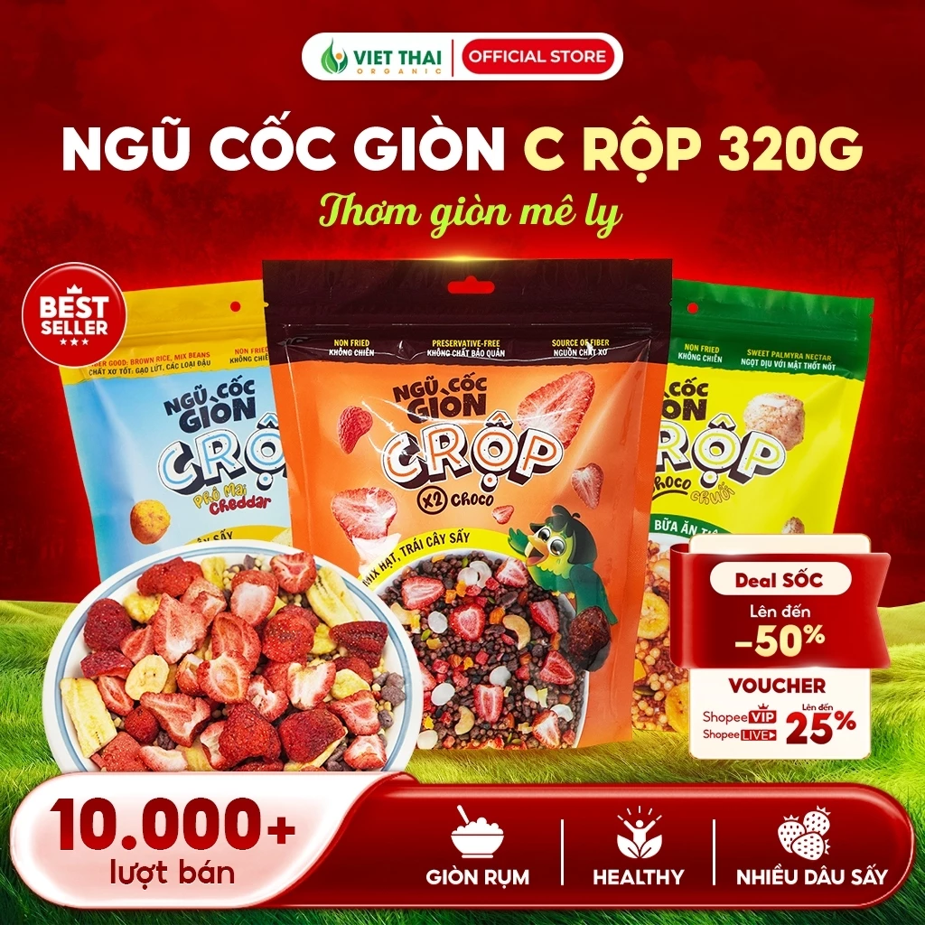 [GIÒN RỤM] Ngũ Cốc Giòn C Rộp Nhiều Dâu Tây Sấy Thăng Hoa Ít Đường 320G Việt Thái Organic