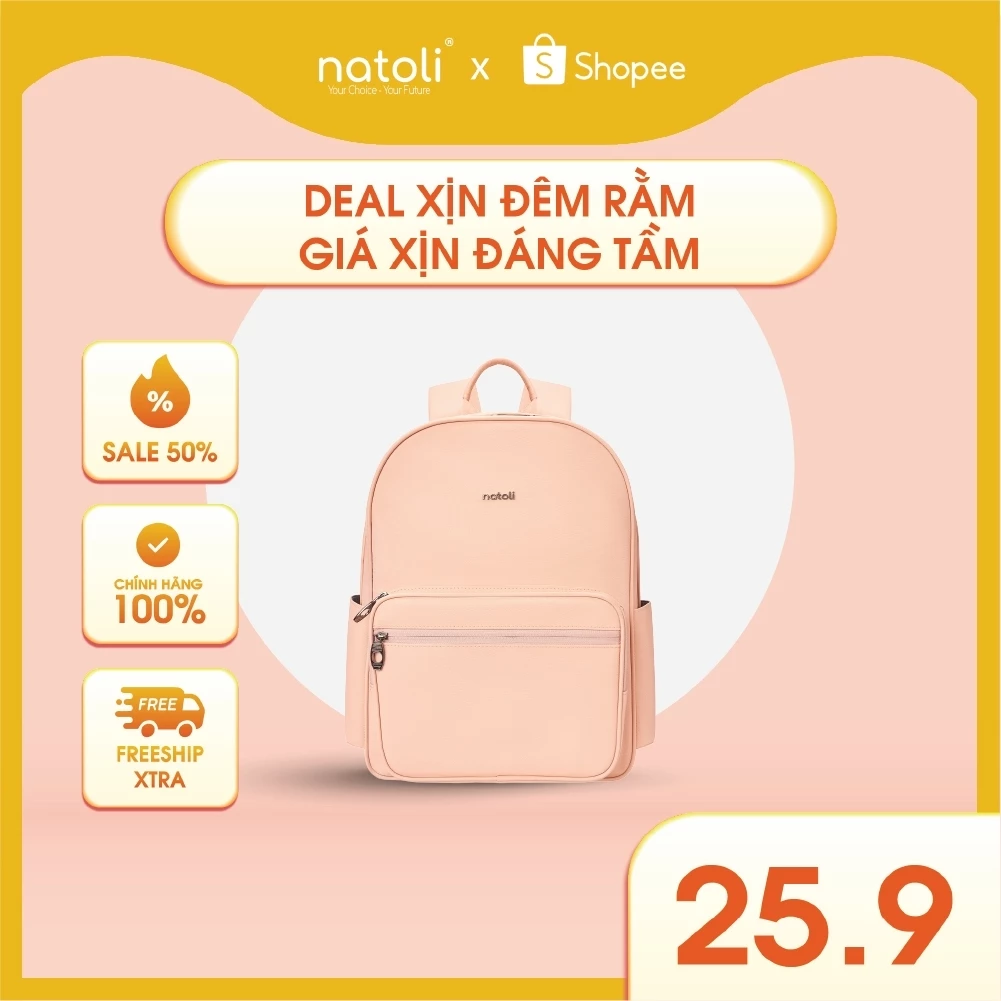 Balo da nữ đi học NATOLI chống nước nhiều ngăn đựng laptop cao cấp BST Unisex Leather School Backpack B27