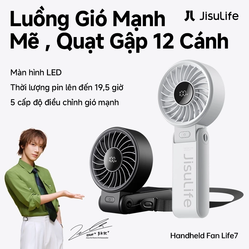 Quạt cầm tay JisuLife 7 Mini gấp gọn dễ mang gió mạnh quạt đeo cổ quạt bàn êm cho học sinh văn phòng ngoài trời
