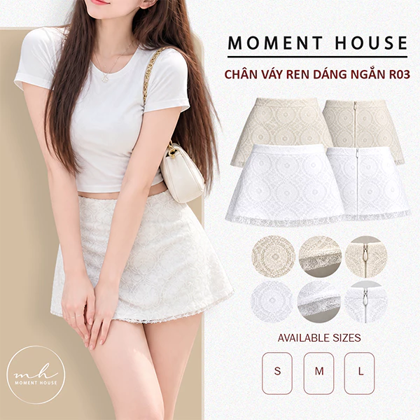 CHÂN VÁY REN XỊN DÁNG NGẮN - R03, form chữ A có lót trong, họa tiết ren to size SML