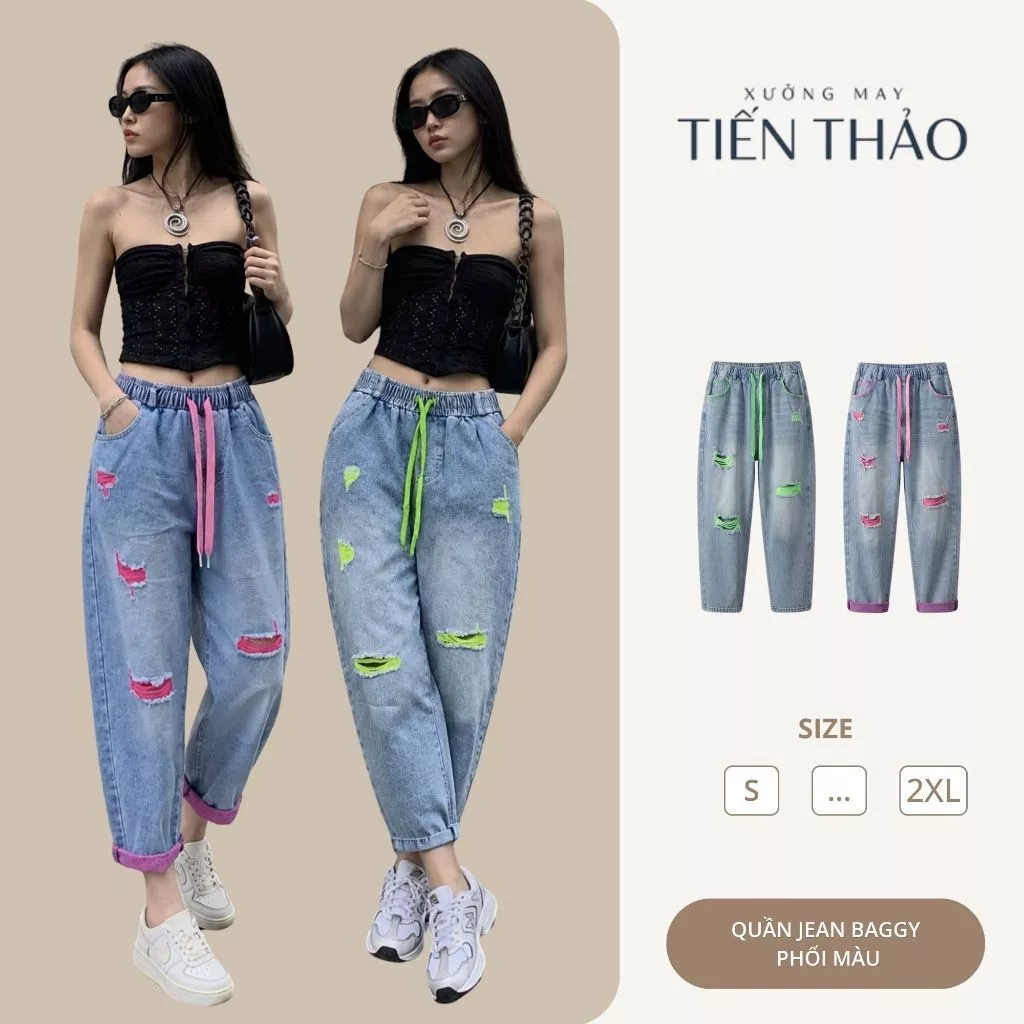 [Q18] Quần JEAN baggy nữ phối MÀU chất Jean thổ mềm, phối dây lưng chun, cào rách thời trang trend 2025.