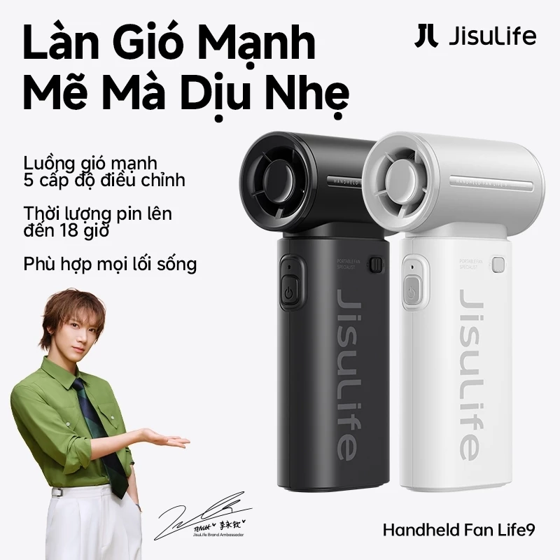 Quạt cầm tay JisuLife 9 mini gió mạnh pin lâu nhẹ gọn thiết kế thời trang dùng văn phòng, du lịch ngoài trời