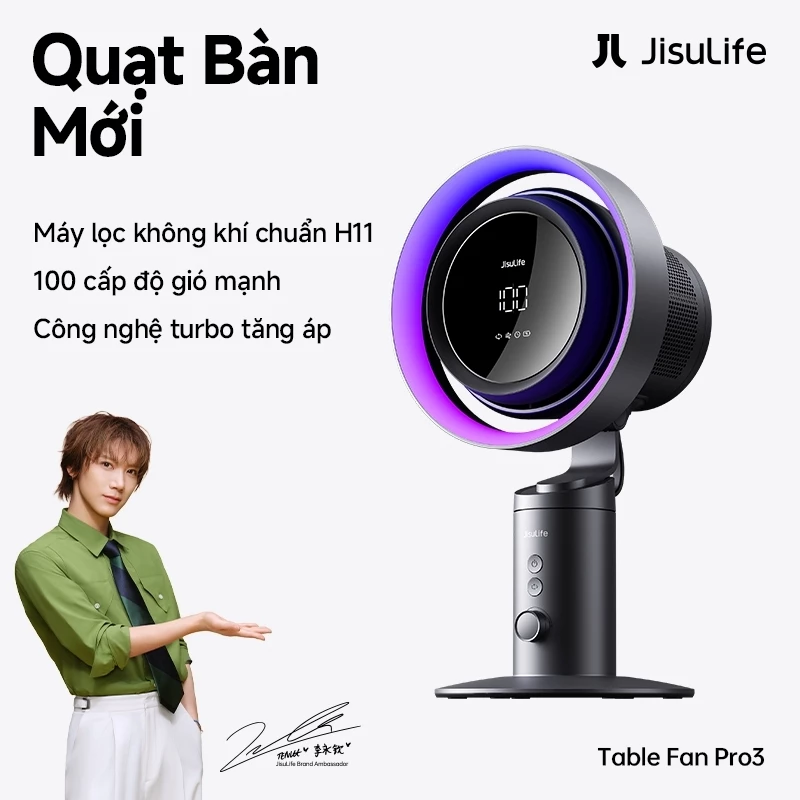 Quạt bàn JisuLife Pro 3 lọc khí pin 10000mAh pin bền gió mạnh 100 cấp gió xoay đầu, đèn RGB dùng văn phòng phòng ngủ