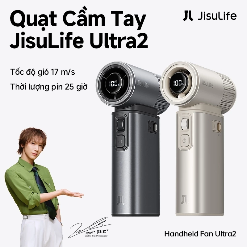 Quạt cầm tay JisuLife Ultra2 đa năng, pin 9000mAh bền, 100 cấp gió mạnh, đèn pin, sạc dự phòng, cắm trại ngoài trời