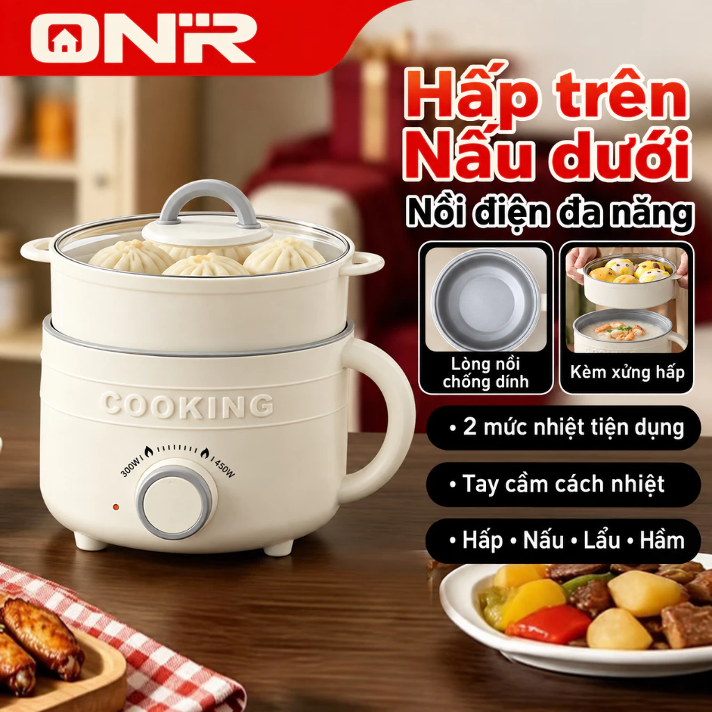 Nồi Điện Đa Năng Mini 2L 600W, ONR Chống Dính, Kèm Xửng Hấp, Nấu Lẩu Chiên Xào