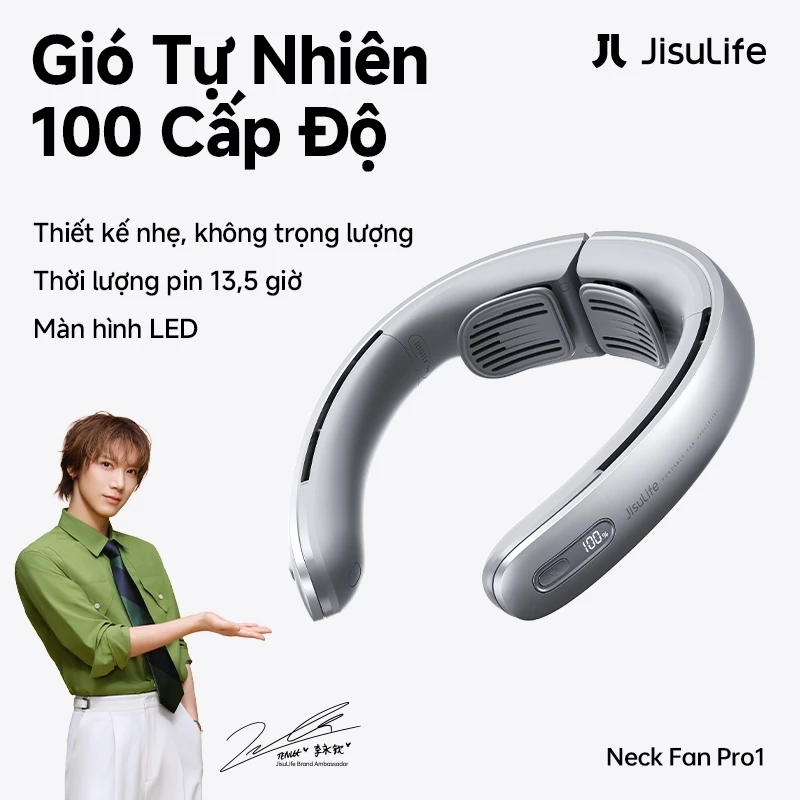 Quạt đeo cổ không cánh JisuLife Pro1, 100 cấp gió mát, pin 5000mAh, màn hình LED, máy lạnh đeo cổ di động