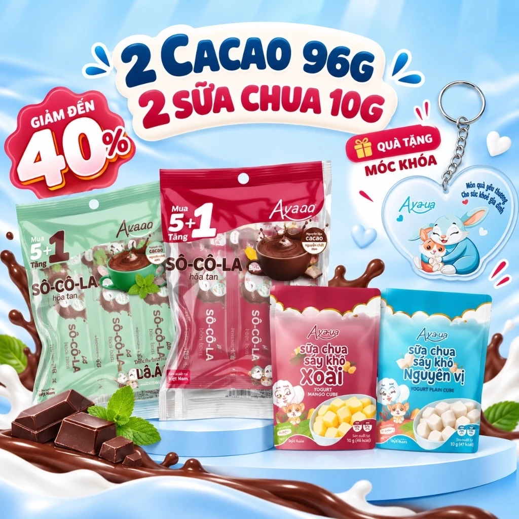 COMBO 2 Socola bạc hà uống liền Bột Cacao Nguyên Chất 20% Acacao túi 96g & 2 Sữa Chua Sấy Thăng hoa Aya-ua- 10g
