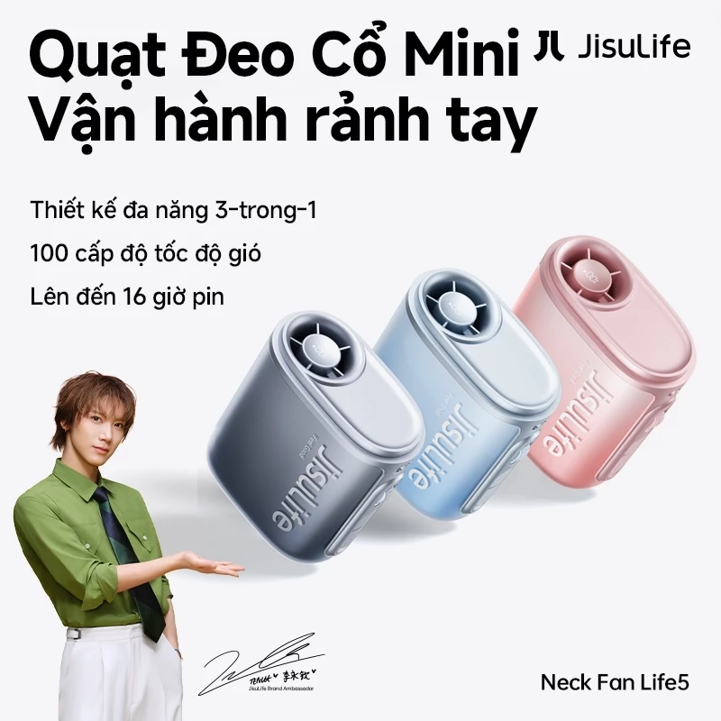Quạt đeo cổ JisuLife 5, 100 nấc gió siêu mạnh, quạt cầm tay, màn hình LED, quạt thể thao, quạt đeo thắt lưng, thời trang