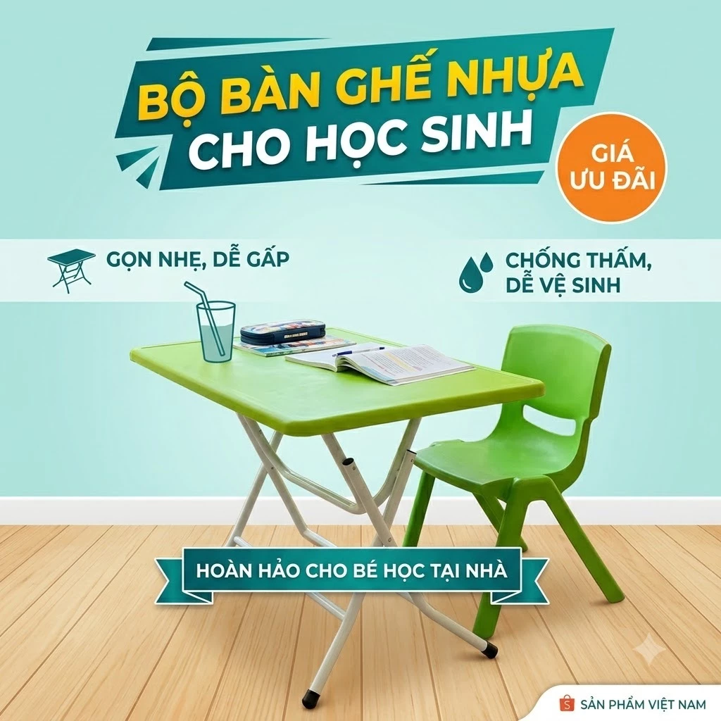 Bộ Bàn ghế nhựa đúc gấp gọn cho học sinh, mầm non, nhà trẻ (Rộng 50cm x Dài 90Cm X Cao 50Cm)