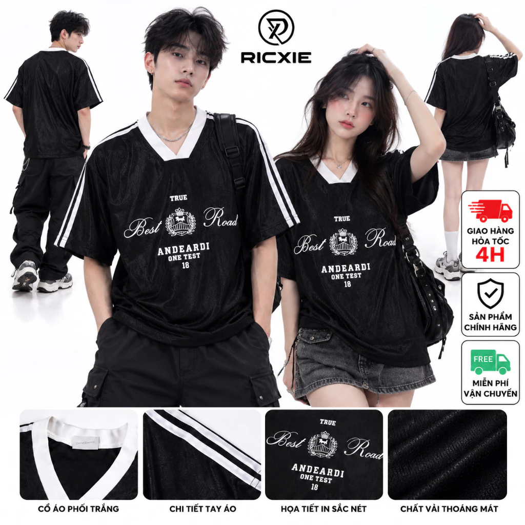 Áo Thun RICXIE Nam Nữ " Best Road " Unisex From Rộng Cổ Tim Tay Sọc Menswear