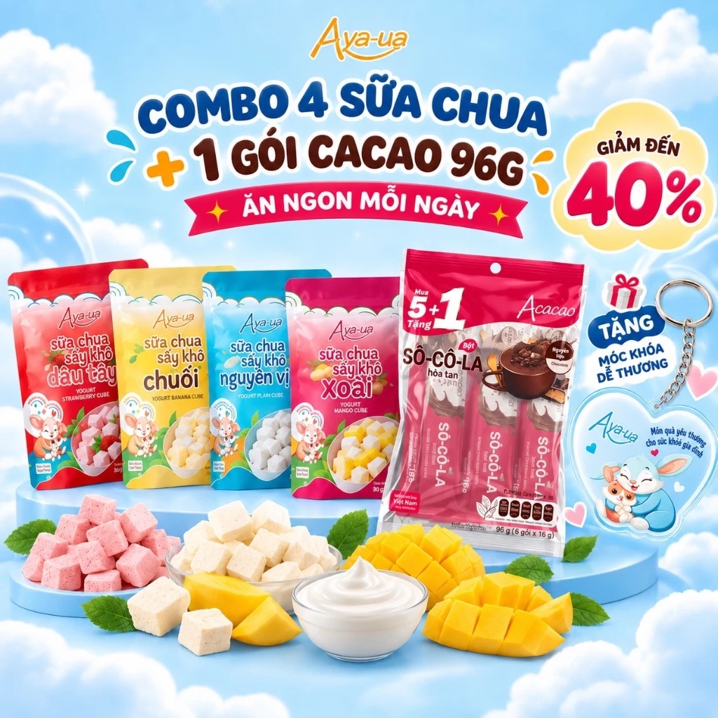 COMBO 4 Sữa Chua Sấy Thăng hoa Aya-ua- 10g & 1 Socola bạc hà uống liền Bột Cacao Nguyên Chất 20% Acacao túi 96g