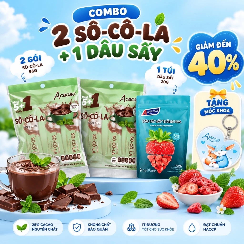 COMBO 2 Socola bạc hà uống liền Bột Cacao Nguyên Chất 20% Acacao túi 96g &1 Dâu Tây Sấy Khô Thăng Hoa A ngon quá gói 20g