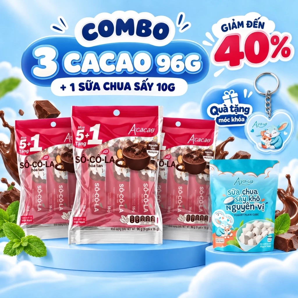 COMBO 3 Socola bạc hà uống liền Bột Cacao Nguyên Chất 20% Acacao túi 96g & 1 Sữa Chua Sấy Thăng hoa Aya-ua- 10g
