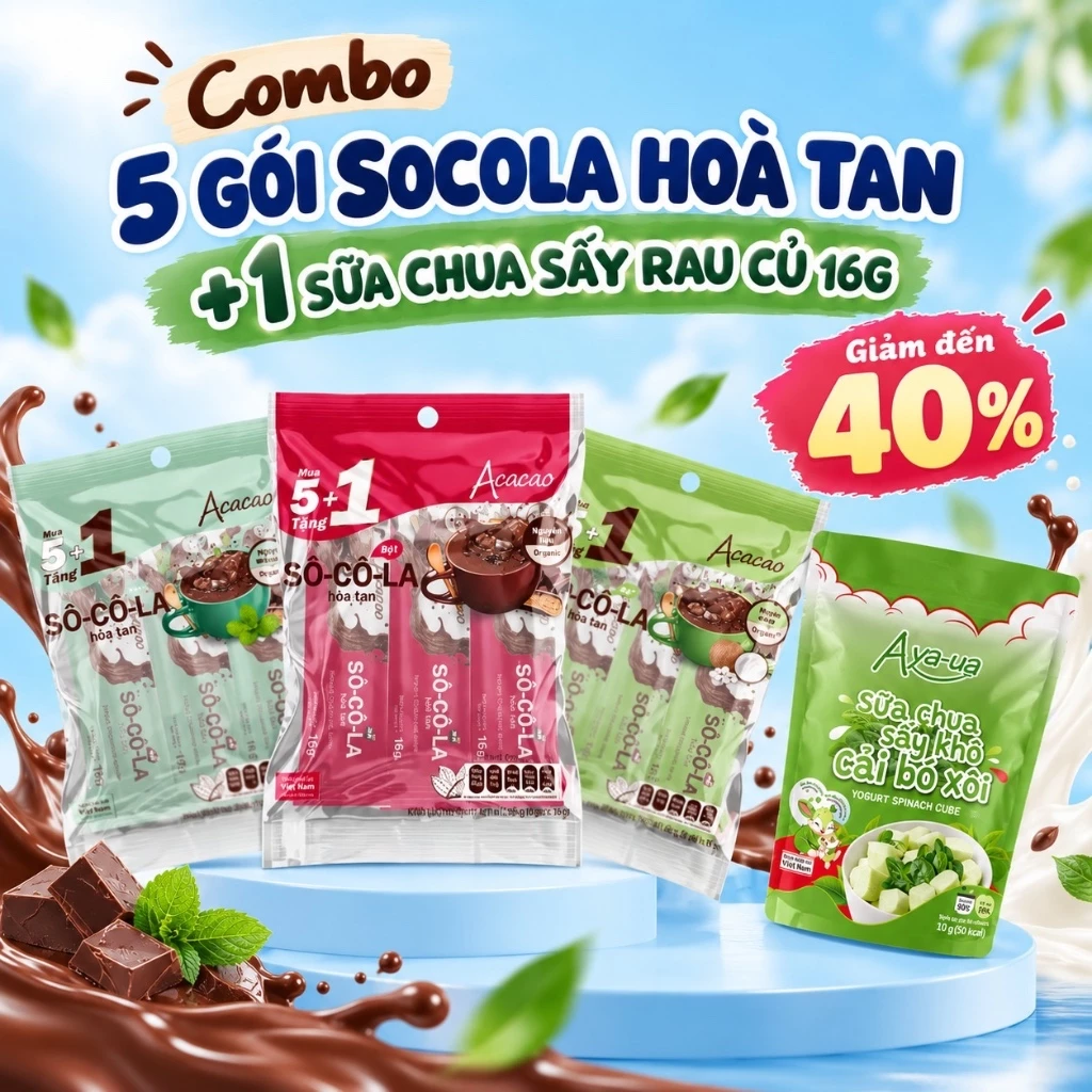 [Combo 5 túi] Socola bạc hà, sữa dừa - Bột Socola uống liền Uống Liền, Cacao Nguyên Chất - Túi 96g