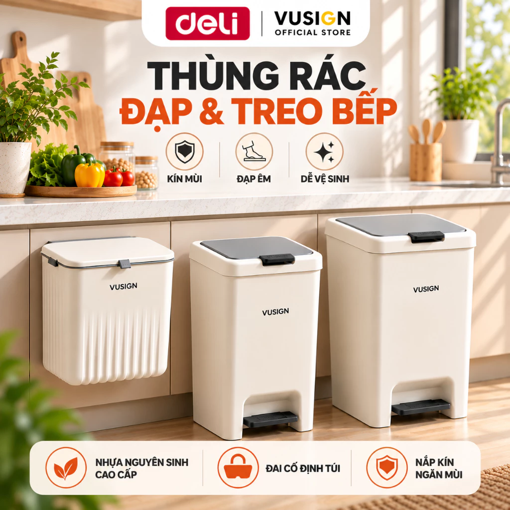 [TẶNG 30 TÚI RÁC] Thùng rác đạp chân 10L,15L Deli có nắp ấn mở chống mùi sọt rác để phòng khách phòng ngủ