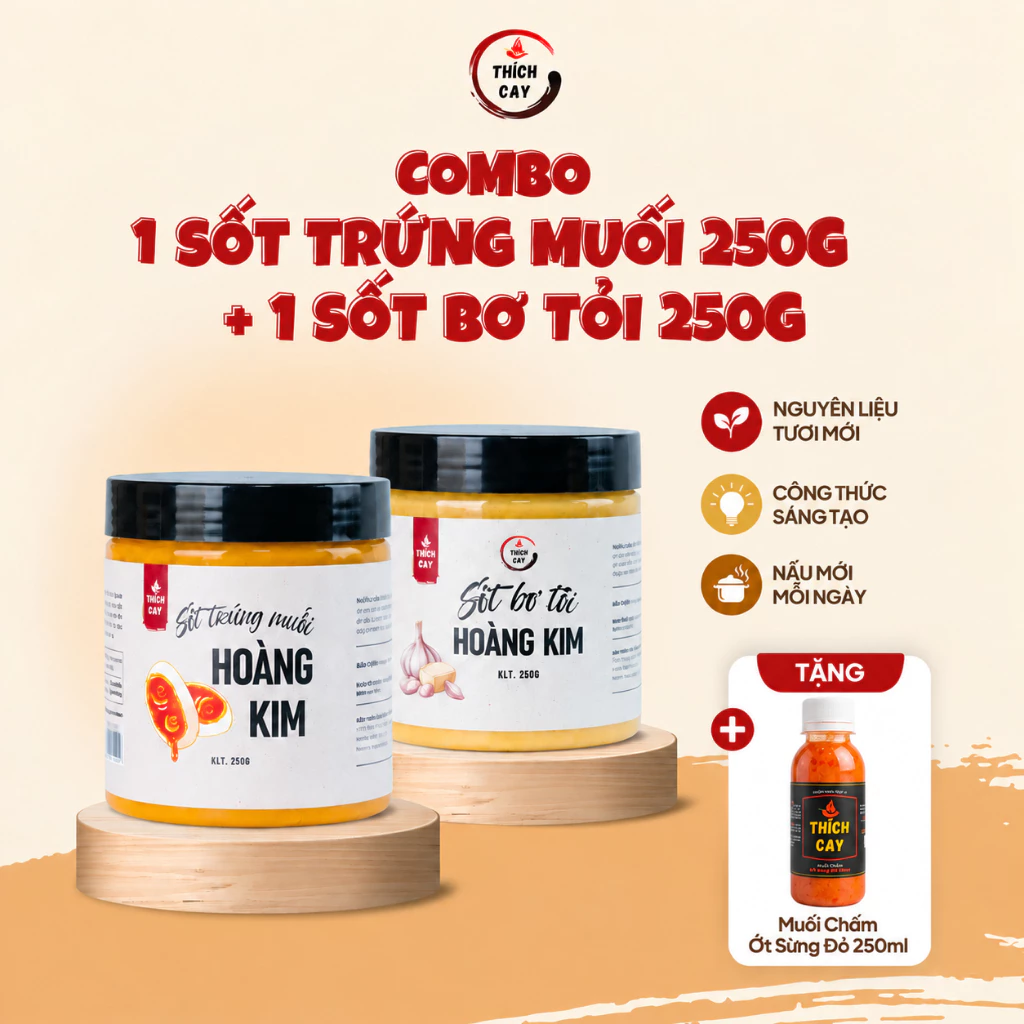 Combo 2 Hũ Sốt Hoàng Kim Thích Cay 250g Sốt BơTỏi, Sốt Trứng Muối Chấm Bánh Mì, Xào Ốc Chấm Hải Sản