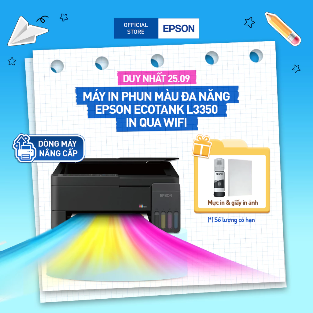 [CẢI TIẾN] Máy In Epson EcoTank L3350 In Phun Đa Năng | In Scan Copy | In qua WiFi & Di động | 5760 dpi