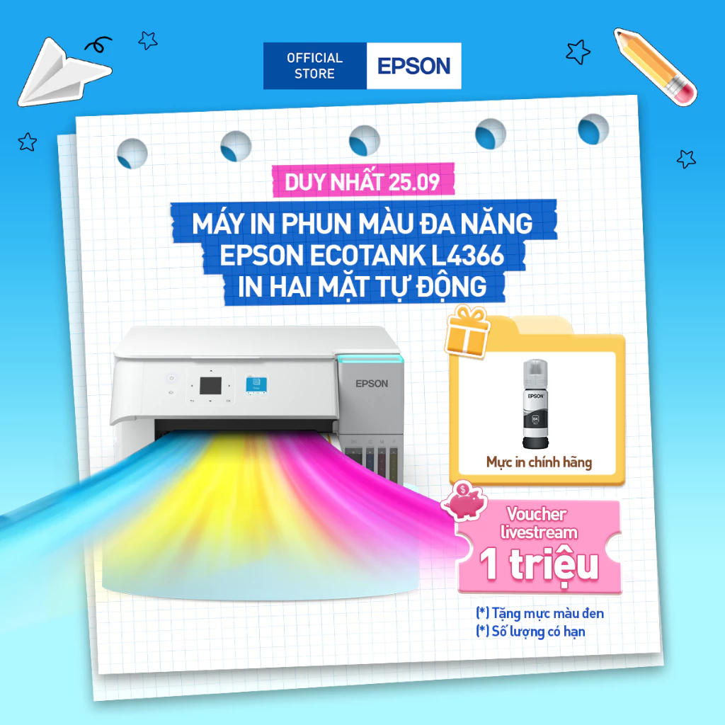 Máy In Phun Epson EcoTank L4366, In Màu Đa Chức Năng, In Qua Wi-Fi và Hai Mặt Tự Động (Bao Gồm Bộ Mực Chính Hãng Đi Kèm)
