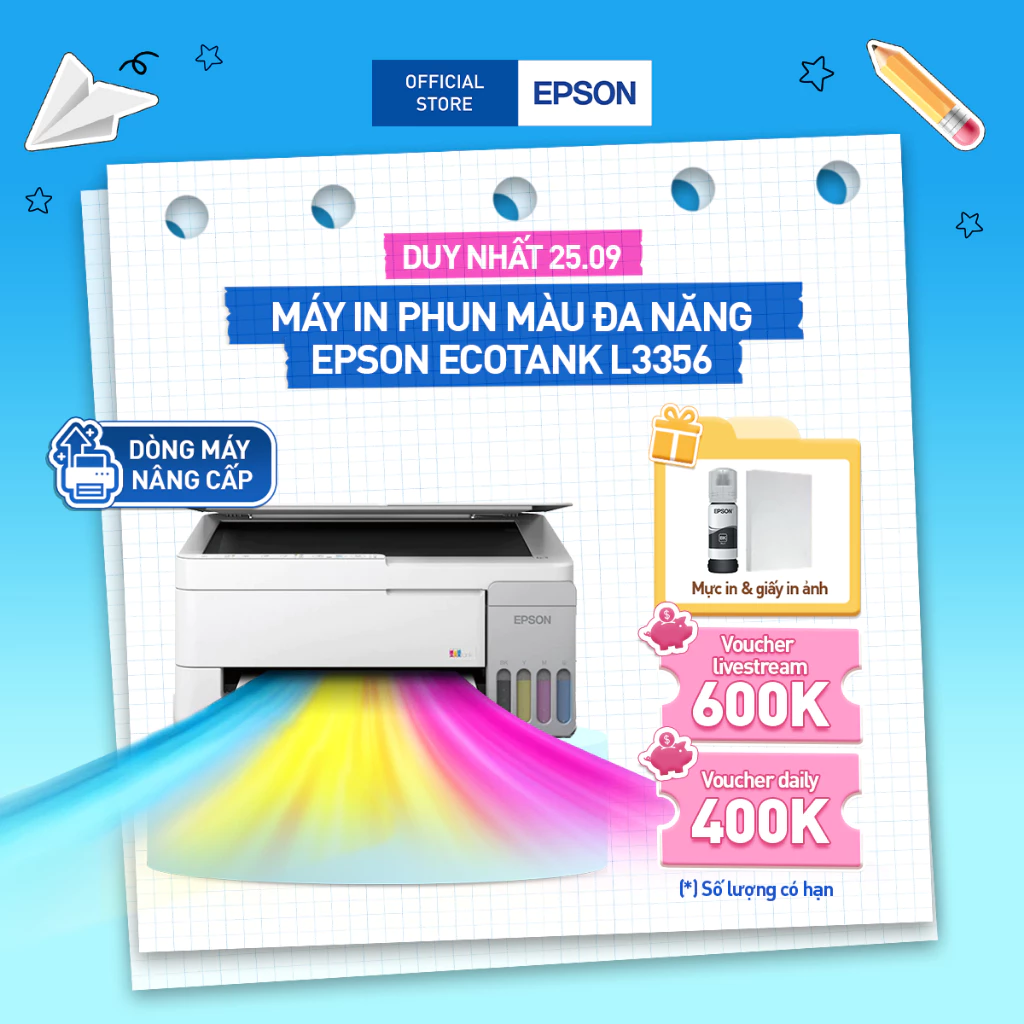 [CẢI TIẾN] Máy in Epson EcoTank L3356 In Phun Đa Năng | In Scan Copy | In qua WiFi & Di động | 5760 dpi