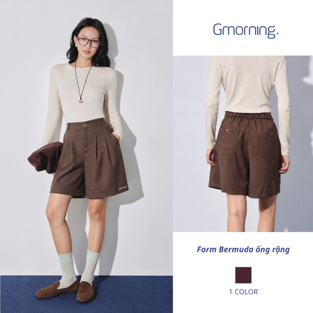 Quần Short Nữ YSHG10159  Gmorning  Kaki Lưng Cao Ống Rộng Xếp Ly, Quần Bermuda Nữ Lưng Thun Form Suông Dài Túi Xéo