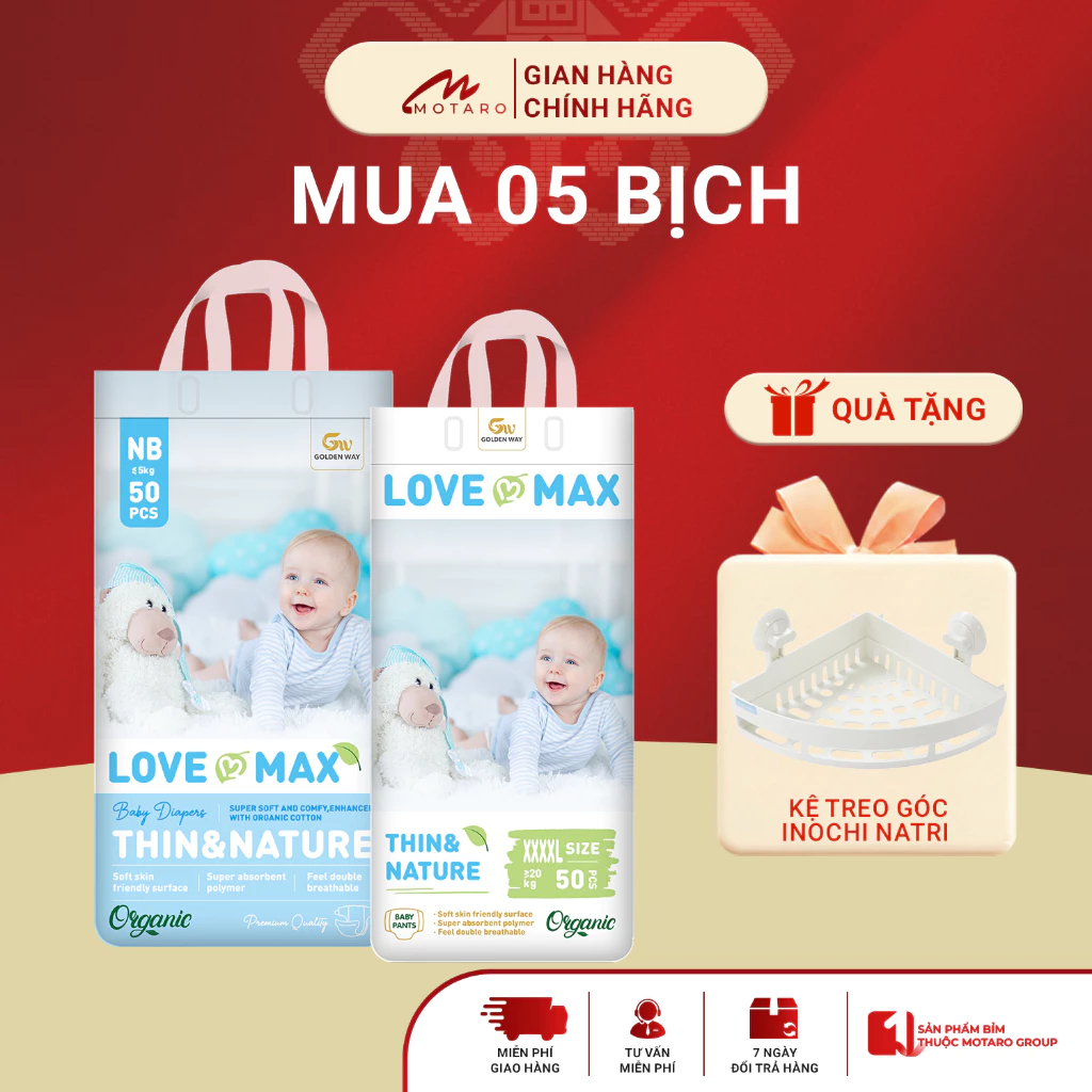 [COMBO 5 BỊCH] Tã Bỉm Dán Quần LOVE MAX 100% Organic Mỏng Nhẹ