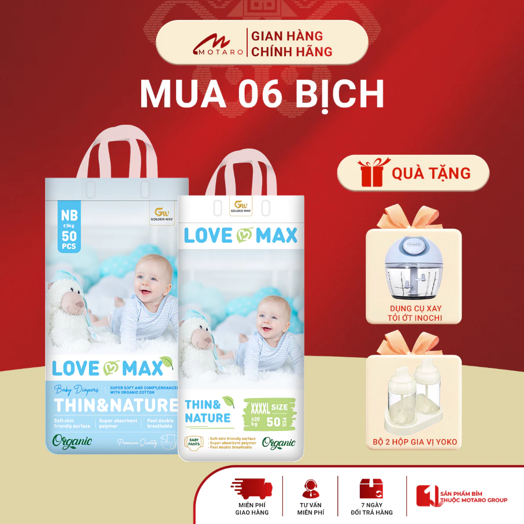 [COMBO 6 BỊCH] Tã Bỉm Dán Quần LOVE MAX 100% Organic Mỏng Nhẹ