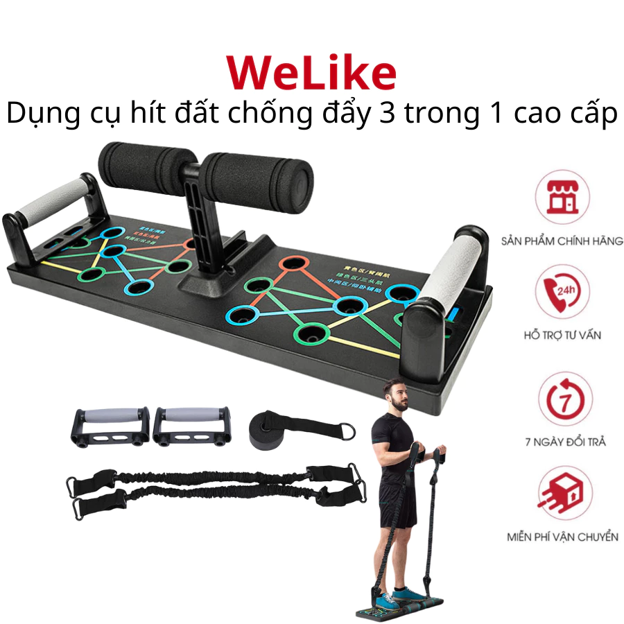 Dụng cụ hít đất cao cấp Welike - Bộ chống đẩy hít đất đa năng 3 trong 1 tại nhà chịu lực nặng 150kg có vạch kẻ hướng dẫn