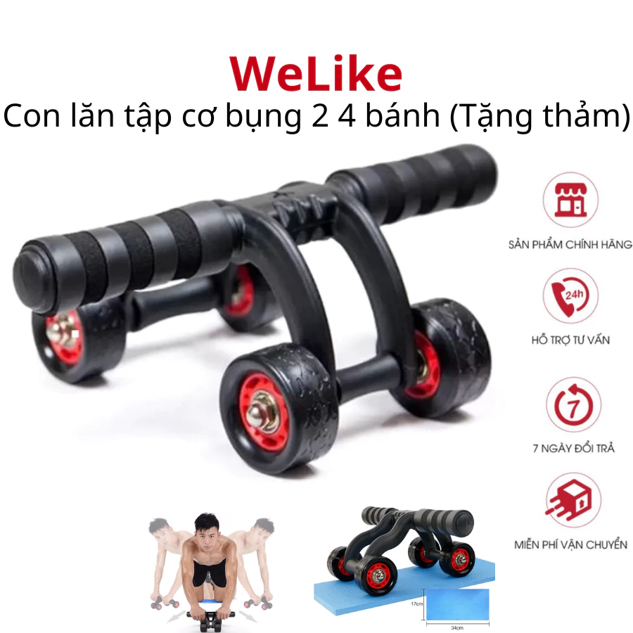 Con lăn tập cơ bụng Welike - Dụng cụ tập bụng tăng cơ giảm mỡ 2 4 bánh kèm thảm lót gối tập thể dục gym tại nhà hiệu quả