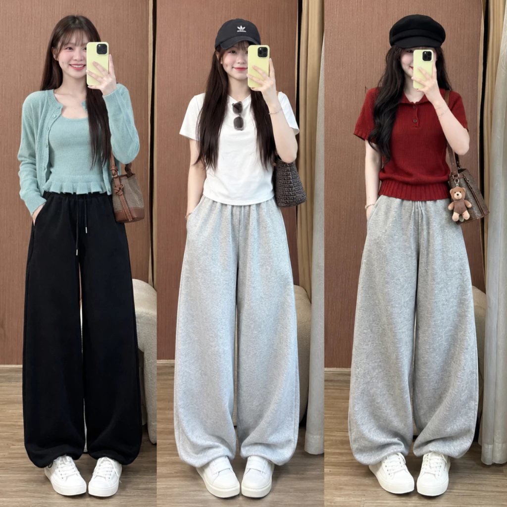 Quần Nỉ NỮ ống rộng MIAA gấu dây rút chất nỉ 2da màu đen xám trắng dáng dài cạp chun unisex bigsize