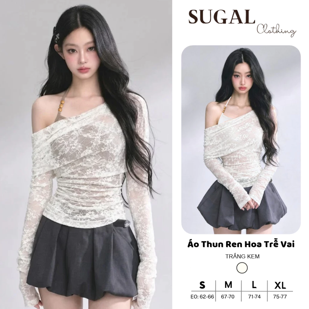 [DEAL MỞ BÁN] SUGAL - Áo Thun Dài Tay Ôm Body Kiểu Trễ Vai KÈM ÁO HAI DÂY NÂU - Áo Thun Kiểu Ren Hoa Mềm Mại|TOP 347V1