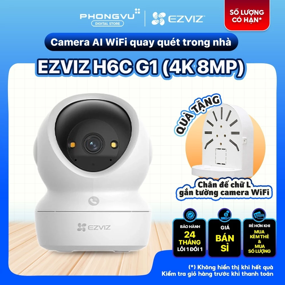 Camera Wifi Trong Nhà Ezviz H6C G1 8MP (Bản 4K Ultra HD) - Đàm Thoại 2 Chiều, Xoay 360, Theo Dõi Thông Minh
