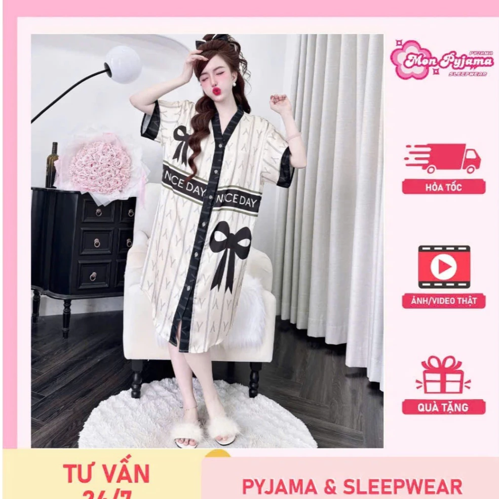 Đồ ngủ nữ,đầm váy ngủ nữ lụa  freesize<75kg mềm mịn mát thiết kế cổ V chữ Y  họa tiết dễ thương [55]