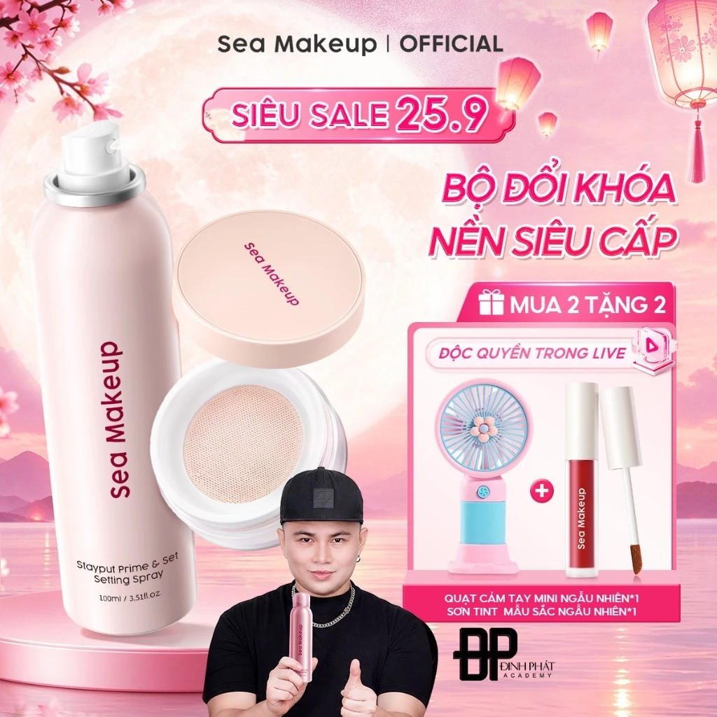 [LIVE] Combo 2 xịt khoá makeup và phấn phủ Sea Makeup Setting Spray Hỗ trợ kiềm dầu mờ lỗ chân lông dưỡng ẩm lâu trôi