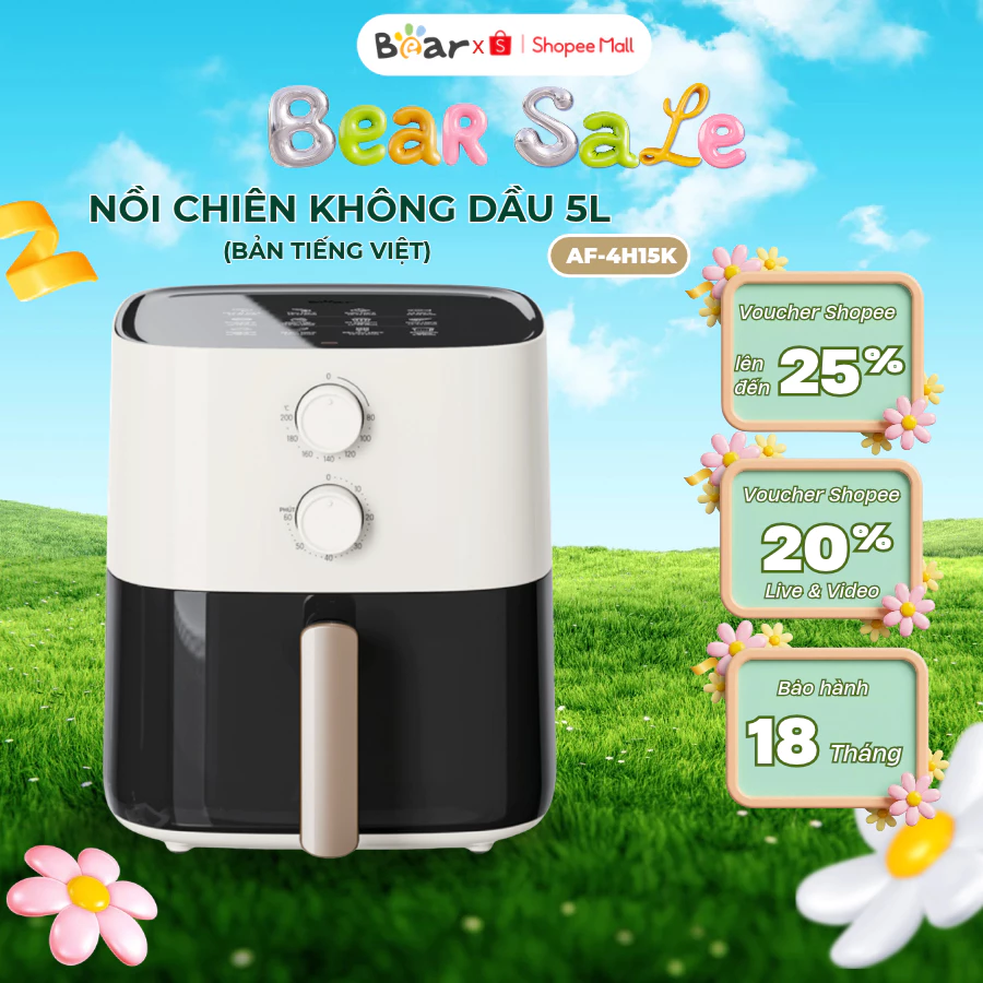 Nồi chiên không dầu Bear AF-4H15K, Dung Tích 5L, 1500W, Công nghệ đối lưu chín đều, BH 18 Tháng