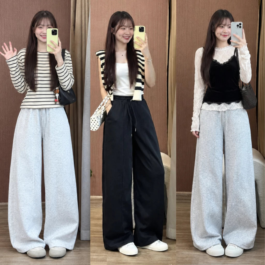 Quần Nỉ Nữ Gân ống Rộng MIAA Cạp Chun Lưng Cao dáng dài có dây điều chỉnh Chất Nỉ 2da Dày Dặn