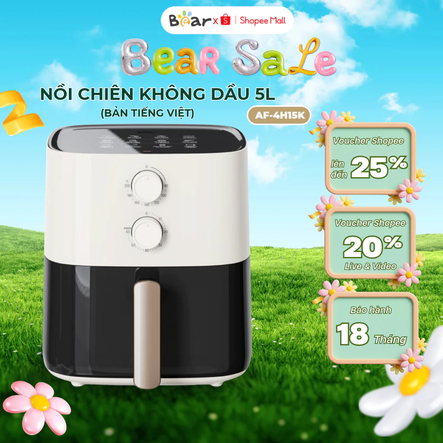 Nồi Chiên Không Dầu 5L Bear AF-4H15K, Công Suất 1500W, Hẹn Giờ- Nhiệt Độ Nấu, Bảo Hành 18 Tháng