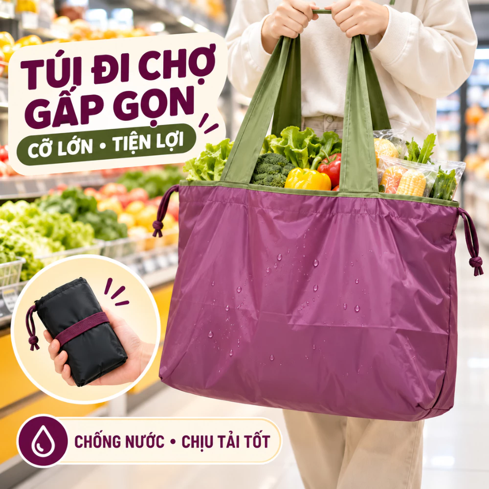 Túi Tote Đi Chợ Đa Năng Cỡ Lớn Gấp Gọn ECO, Túi Mua Sắm Đựng Đồ Tiện Dụng Vải Chống Thấm Nước