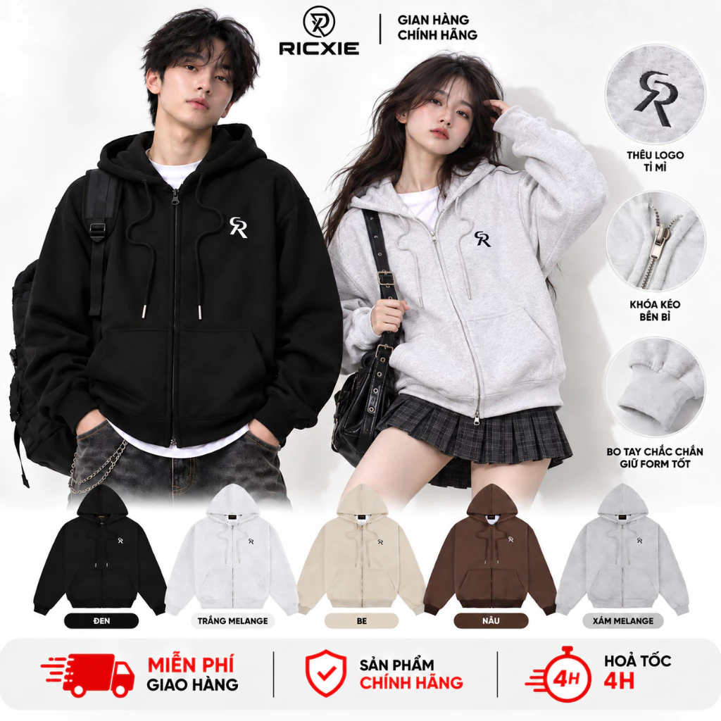 Áo Khoác Thêu Logo Chữ R Vải Nỉ RICXIE From Thường Unisex Có 5 Màu Basic